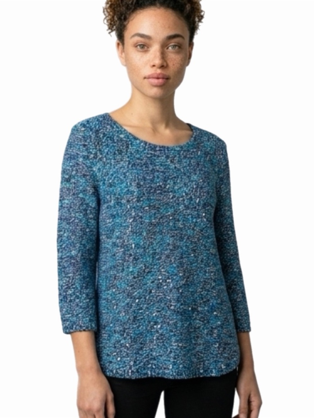 CHICO’S blue and white knit sweater with silver sequins. Size “2” = Large/12